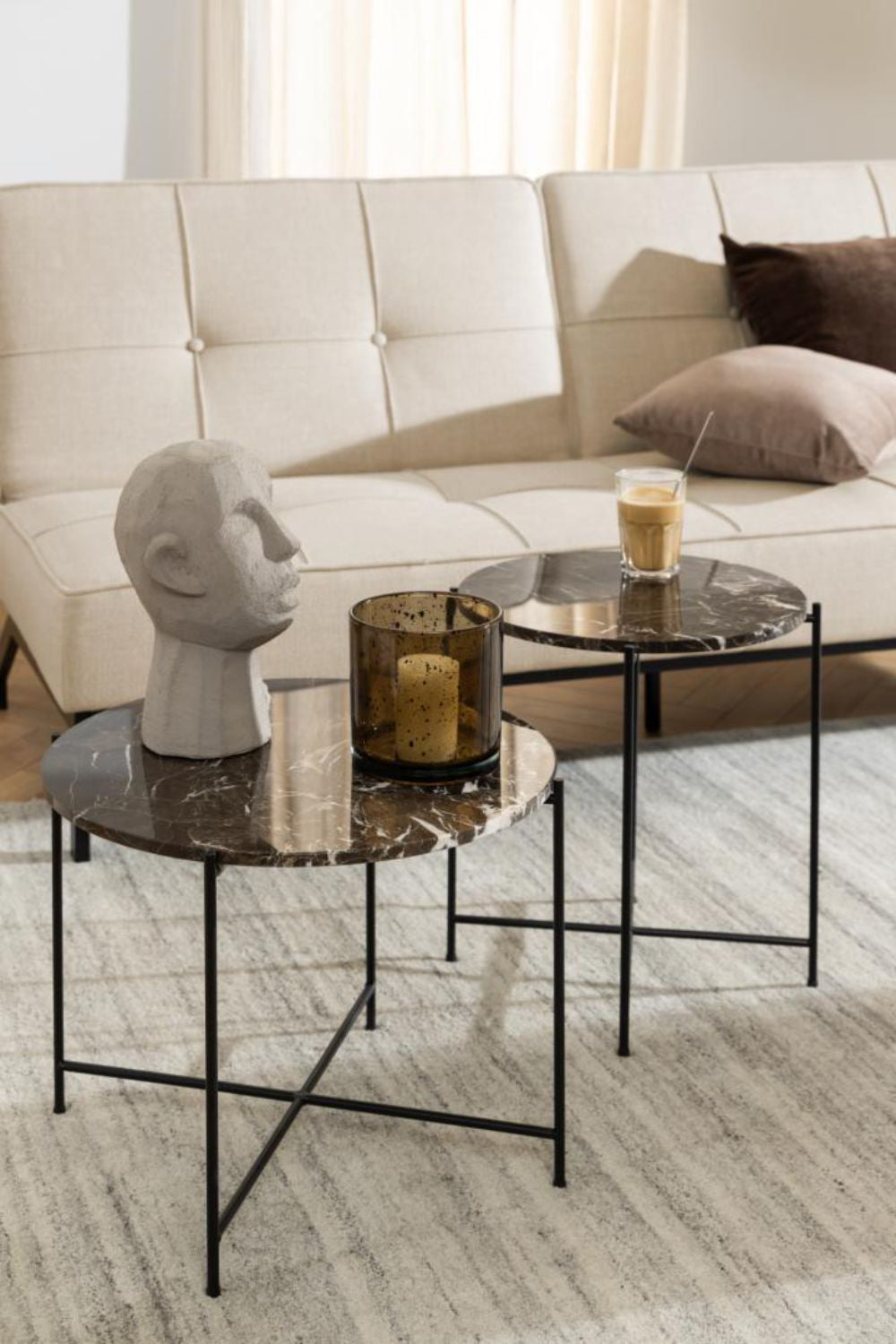 Harlie Marble Top Side Table in Brown Finish with Sofa and Cushion in Living Room Setting