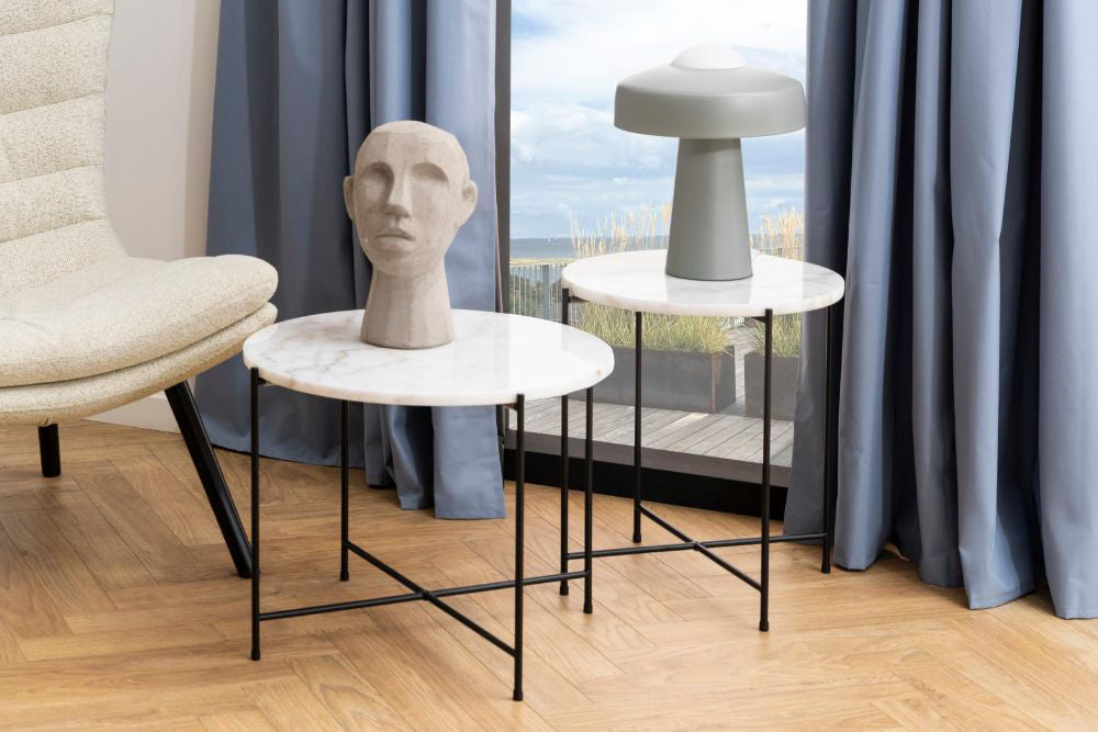 Harlie Marble Top Side Table in White Finish with Lounge Chair in Living Room Setting 2