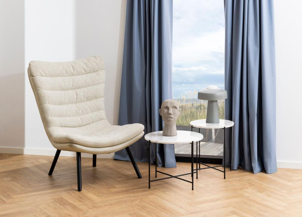 Harlie Marble Top Side Table in White Finish with Lounge Chair in Living Room Setting