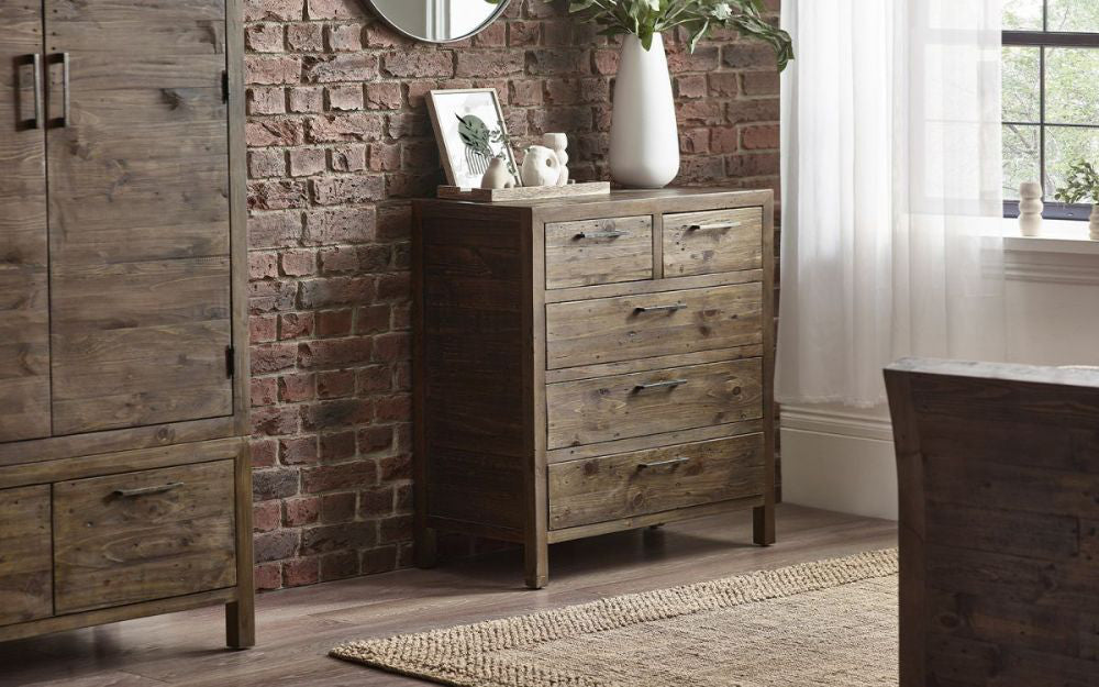 Harlow 3+2 Drawer Chest with Wardrobe Flower Vase in Bedroom Setting
