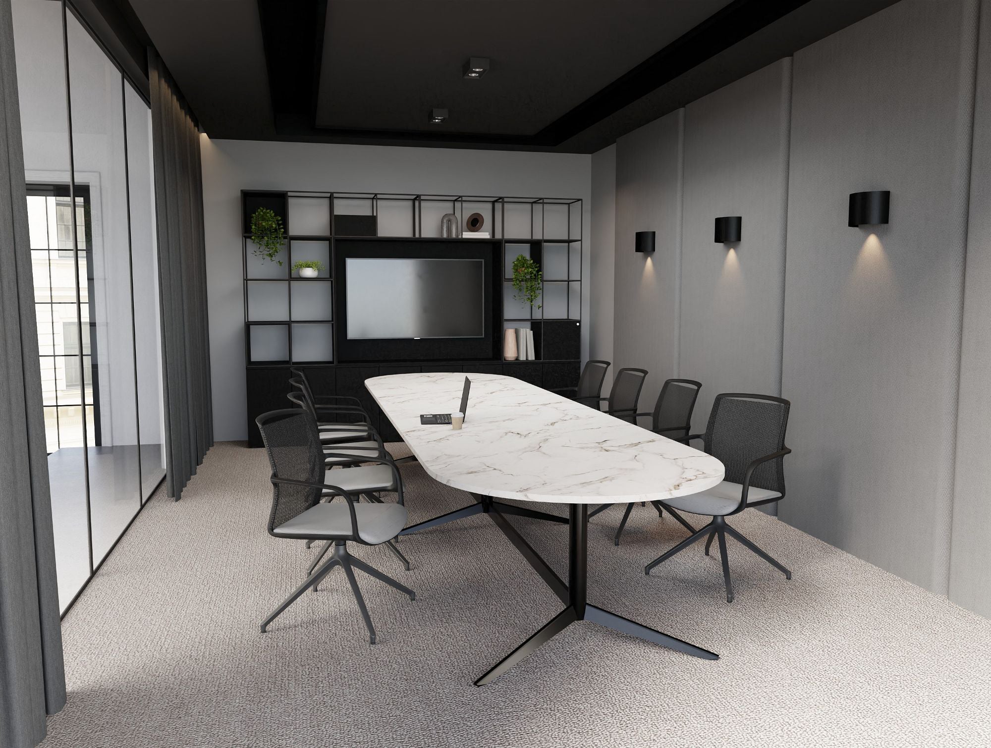 Harmon Triple Base with Oval Top Table in White Marble Top Finish with Vela Meeting Room Chair in Pyramidial Base with Ionic Cube Grid Large Media Unit on Tall Storage in Meeting Room Setting 2