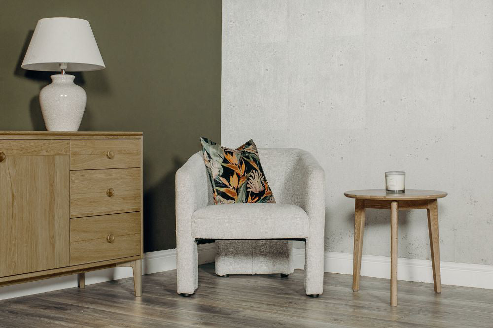 Heidi Accent Chair in Light Grey Finish with Side Table and Lampshade in Living Room Setting