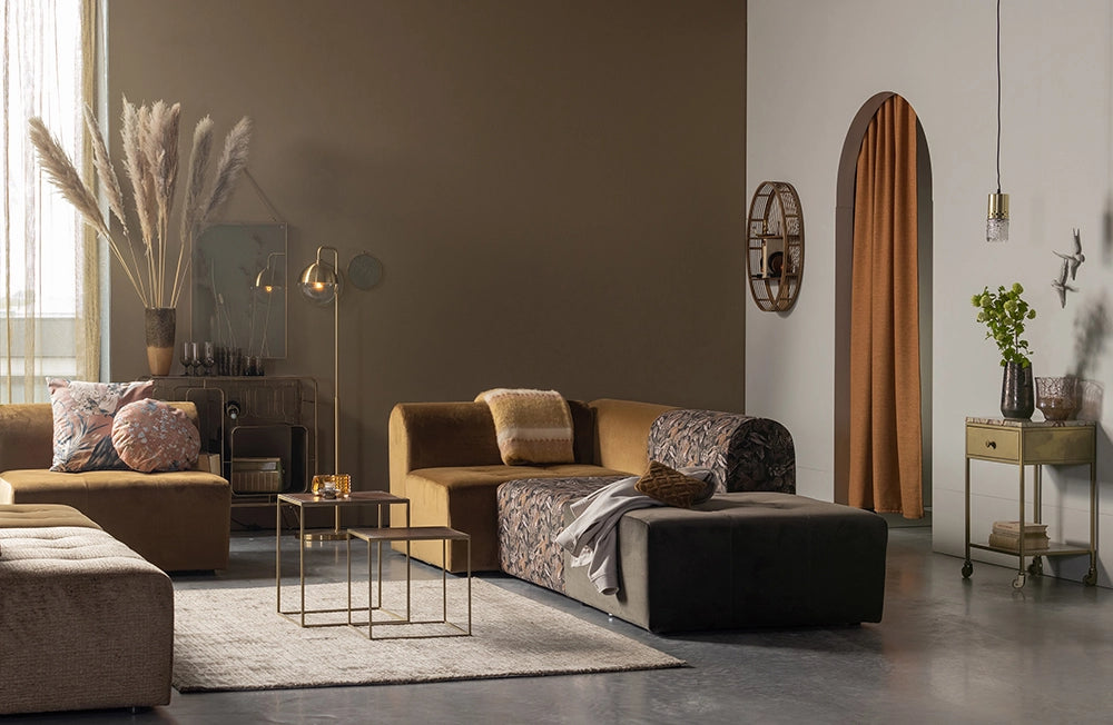 Helwick Nest of Tables Antique Brass 5 Brown and Grey Sofabed and Light Grey Pouffe in Living Room Setting