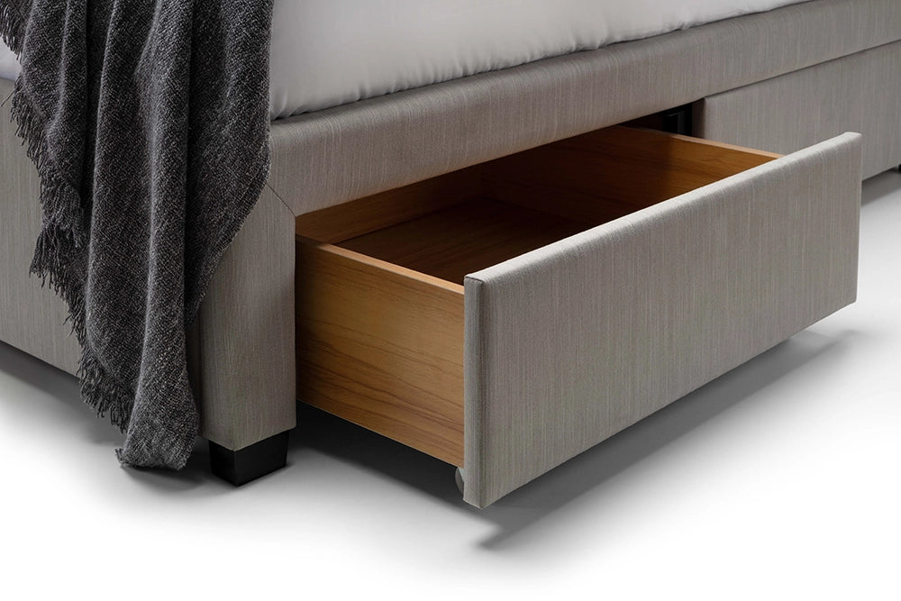 Hilton Deep Button 4 Drawer Bed Grey Linen Open Drawer Detail