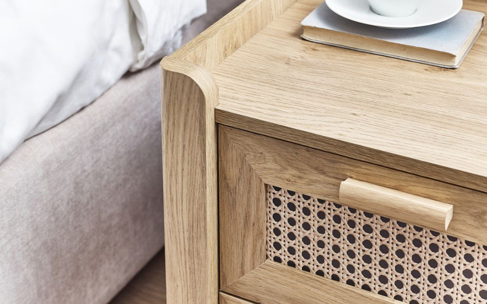 Hobart 2 Drawer Bedside Table Drawer Top Corner Detail in Bedroom Setting