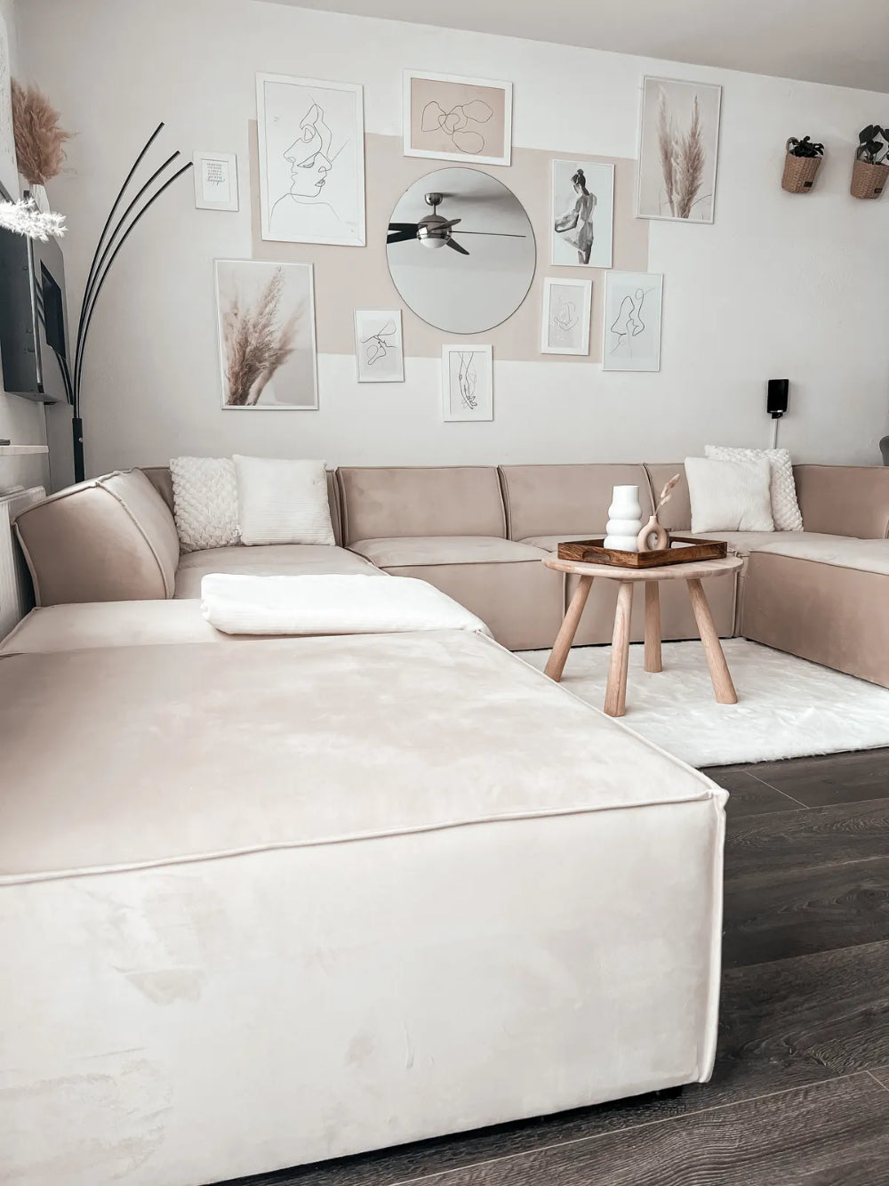 Holden Corner Sofa with Coffee Table and Wall Mirror in Living Room Setting