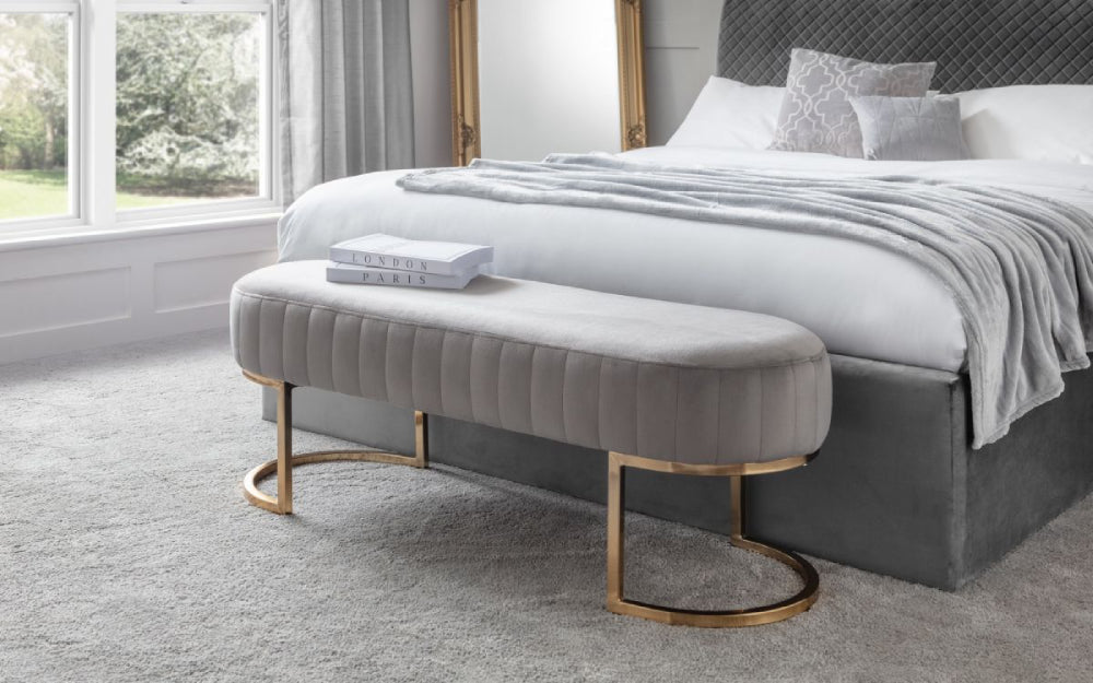 Holly 2 Seater Bench Grey with Standing Mirror in Bedroom Setting