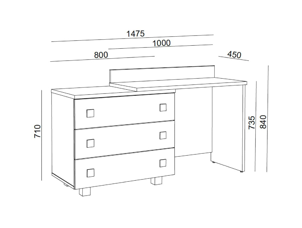 Hotel Nox Wooden Desk with 3 Drawer Cabinet Dimensions