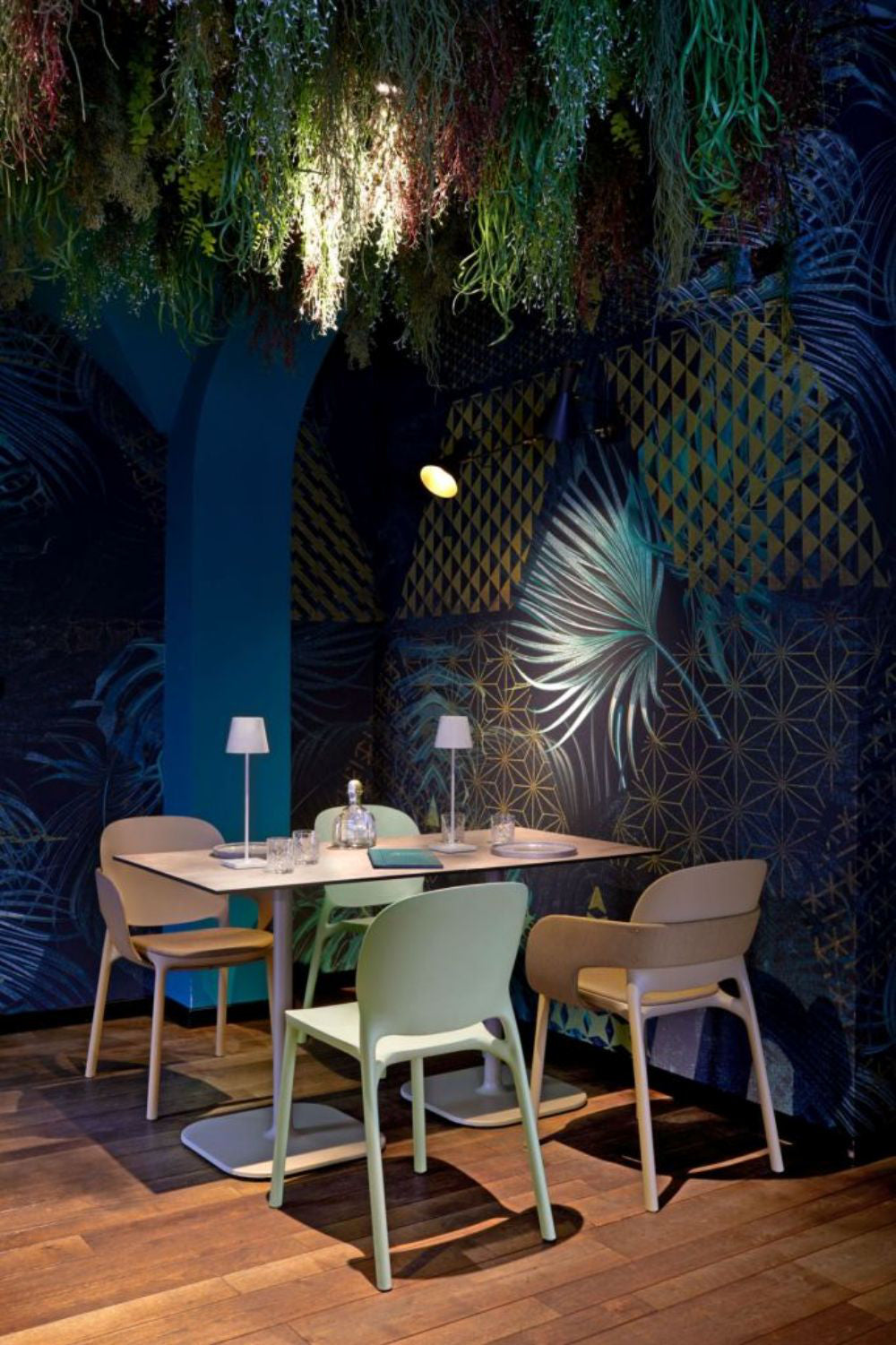 Hug Padded Armchair with Dining Table and Lampshade in Canteen Setting