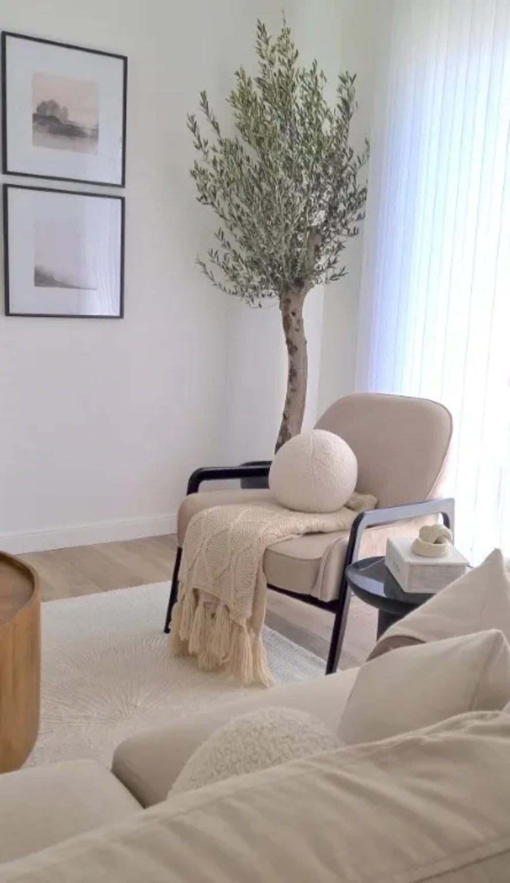 Hugo Armchair in Light Beige Finish with Indoor Plant and Sofa in Living Room Setting