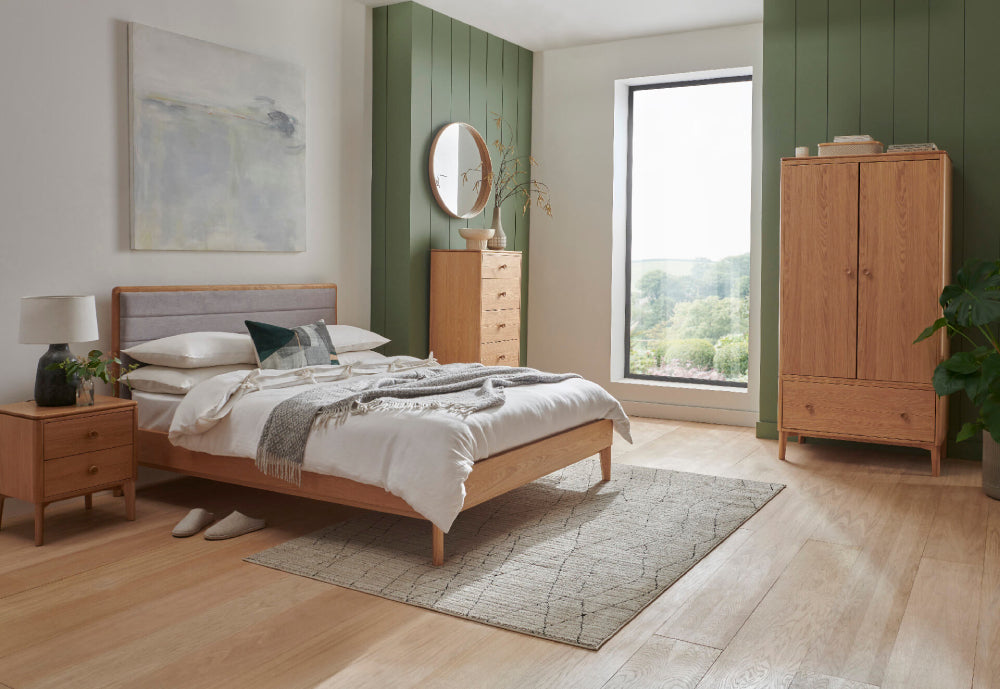 Hunter 2 Door Wardrobe in Natural Oak Finish with Lampshade and Bedside Cabinet in Bedroom Setting