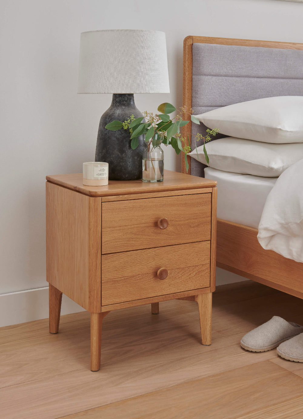Hunter 2 Drawer Bedside Table with Lampshade in Bedroom Setting