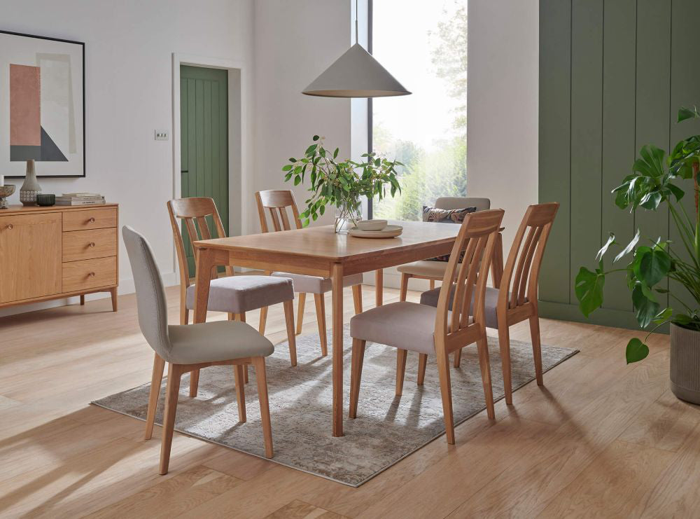 Hunter Dining Table Extending in Oak Natural Finish with Dining Chairs and Wooden Cupboard
