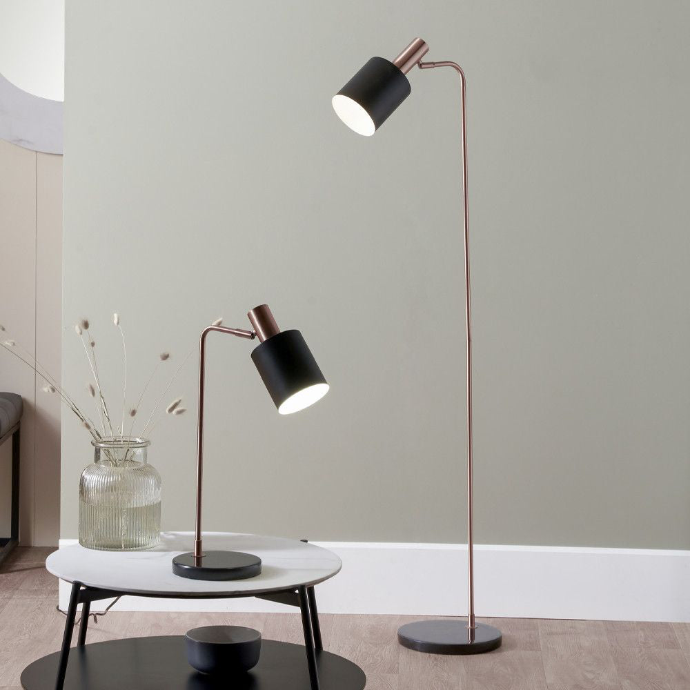 Indy Floor Lamp Black and Antique Copper with Coffee Table and Table Lamp in Bedroom Setting