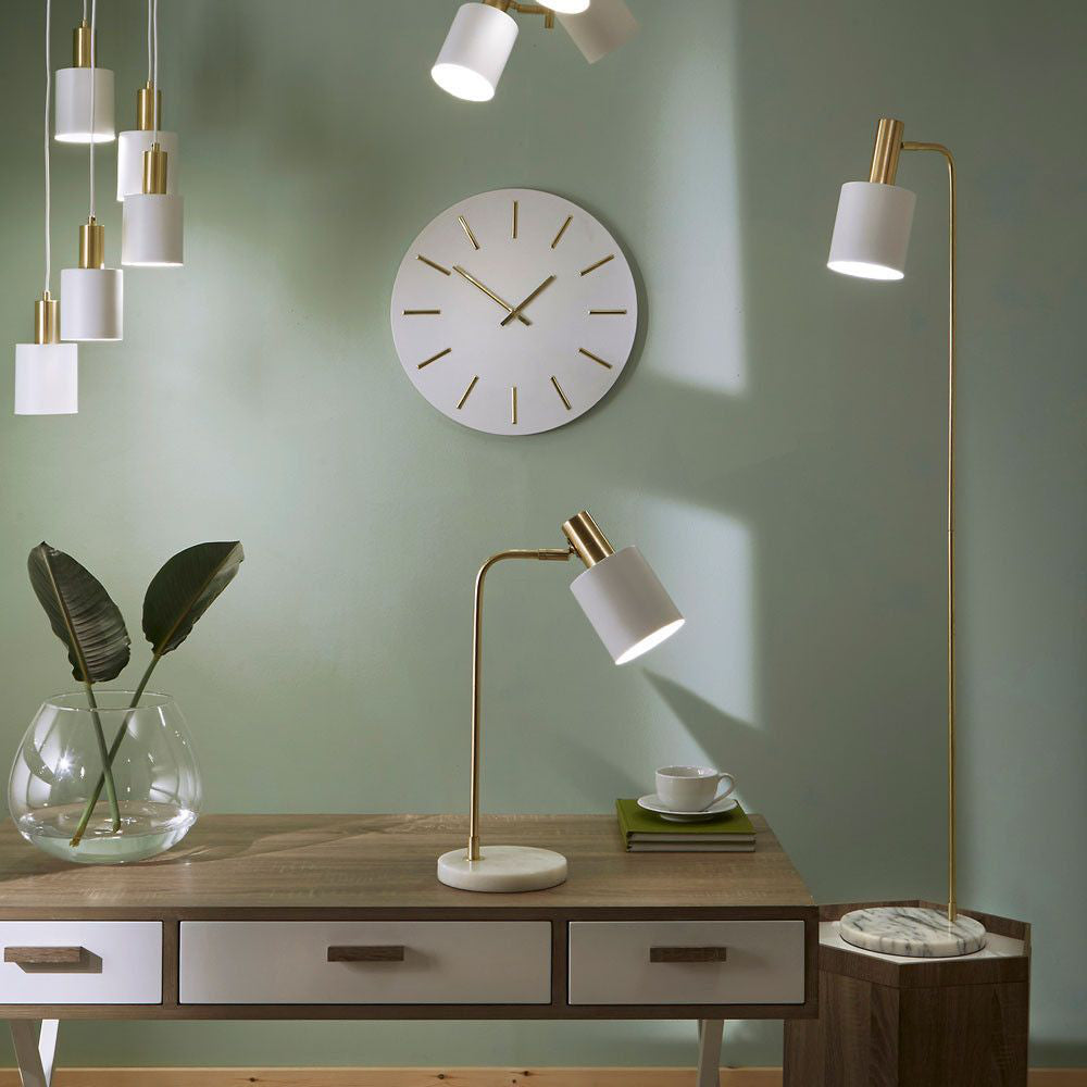 Indy Floor Lamp White and Gold with Wall Clock and Table Lamp in Bedroom Setting