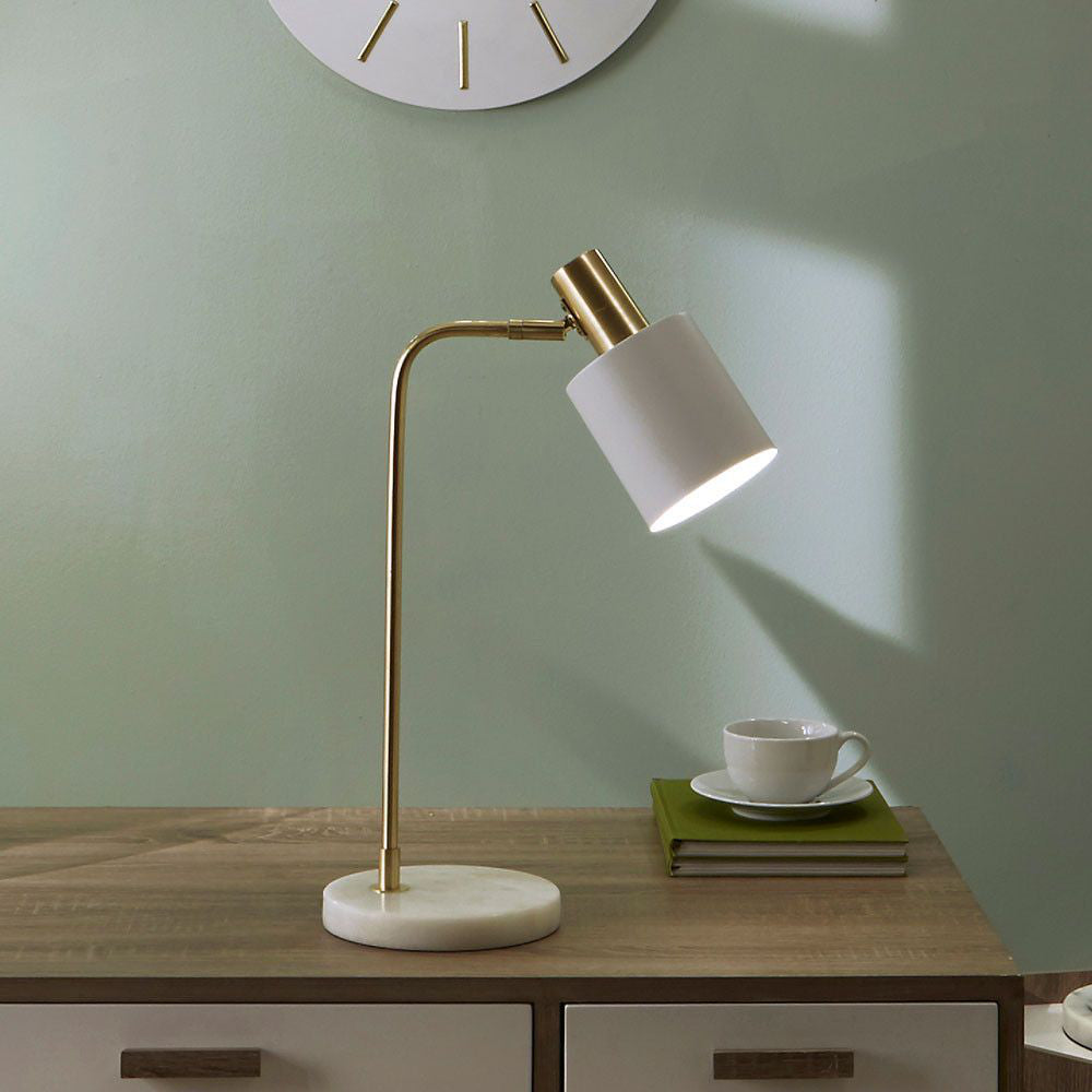 Indy Table Lamp White and Gold with Teacup and Wall Clock in Bedroom Setting