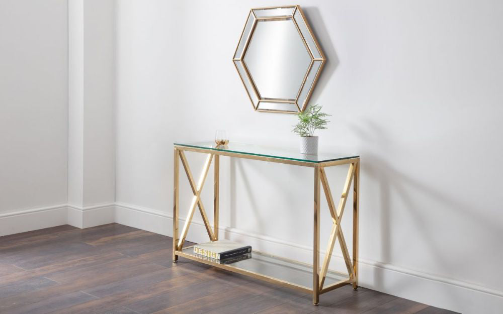 Jada Console Table Gold with Wall Mirror and Indoor Plant in Living Room Setting