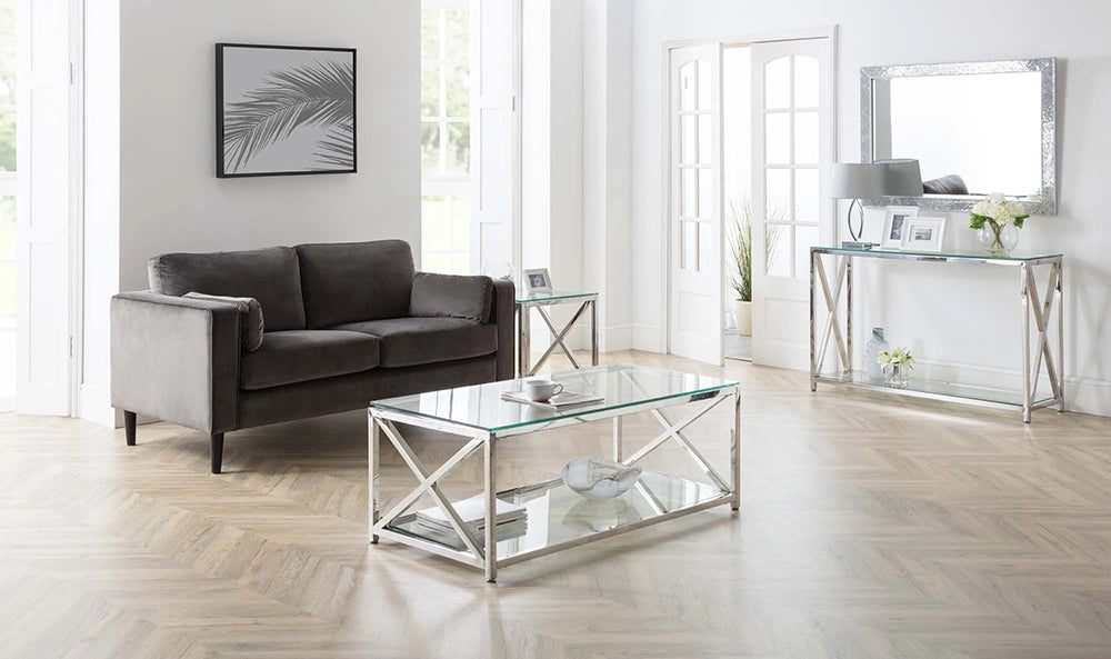 Jada Console Table in Silver Finish with Coffee Table and Upholstered Sofa in Living Room Setting