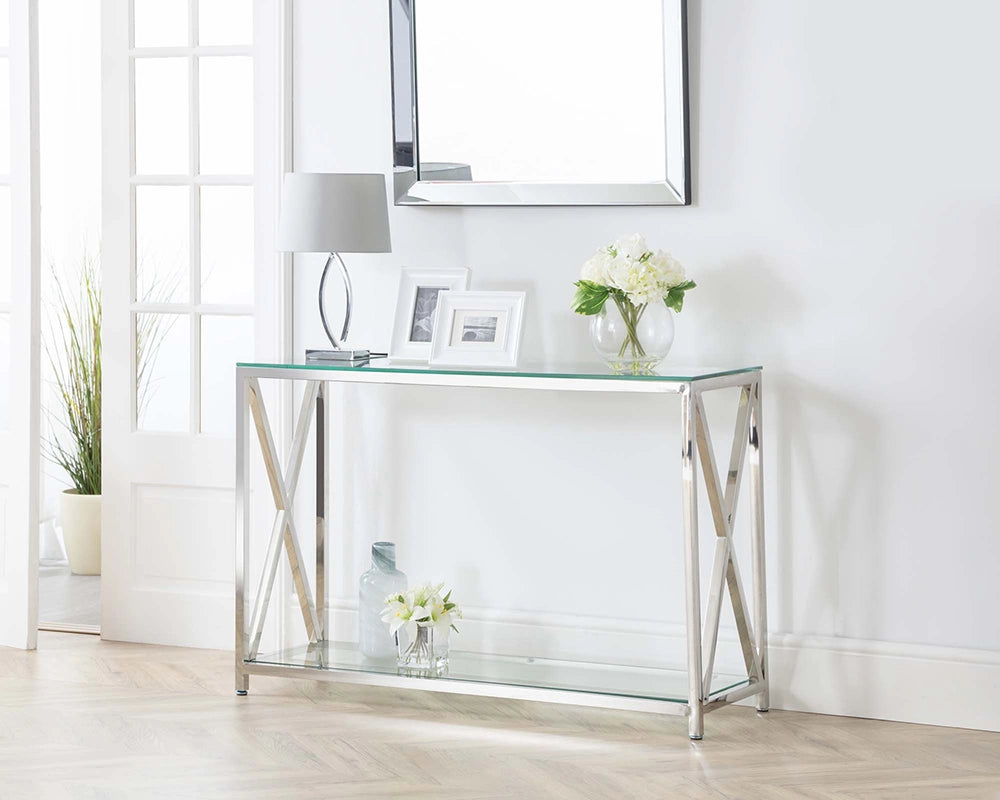 Jada Console Table in Silver Finish with Wall Mirror and Transparent Glass Bowl in Living Room Setting