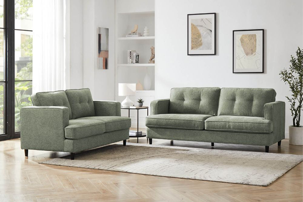 Jupiter 2-Seater Sofa in Sage Finish with Lampshade and Indoor Plant in Living Room Setting