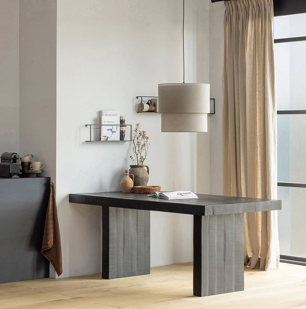Kai Dining Table Black 5 Hanging Light Fixture and Clay Vases on Top in Dining Room Setting
