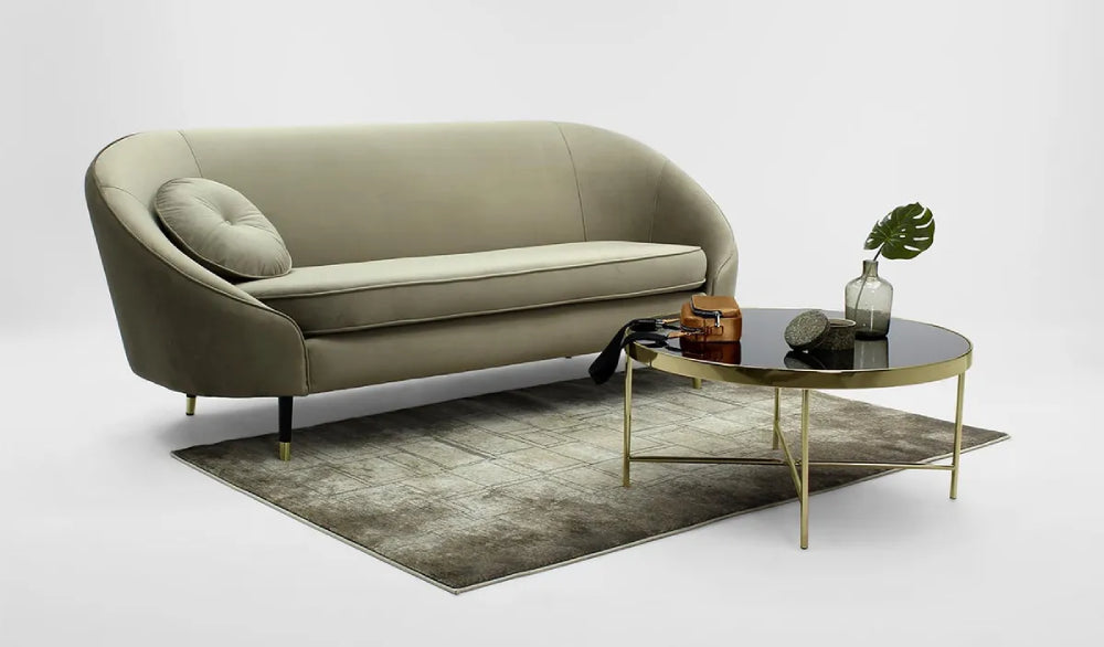 Kaleb 3 Seater Standard Piping Sofa Elephant and Black Gold with Round Coffee Table and Floor Rug in Studio Setting