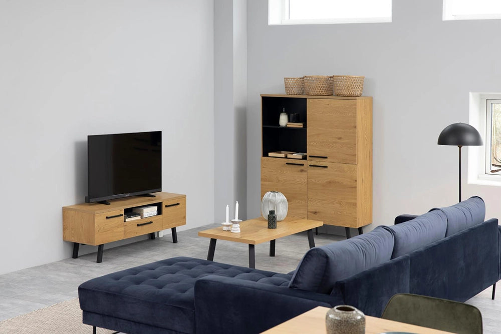 Kiara Display Cabinet in Matte Oak Finish with Corner Sofa and Coffee Table in Living Room Setting