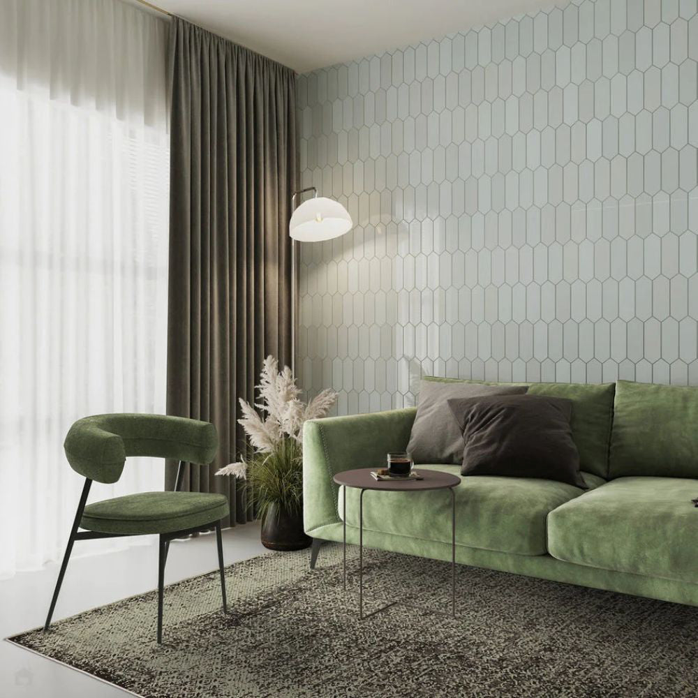 Koa Sage and Black Rug with Sofa and Indoor Plant in Living Room Setting
