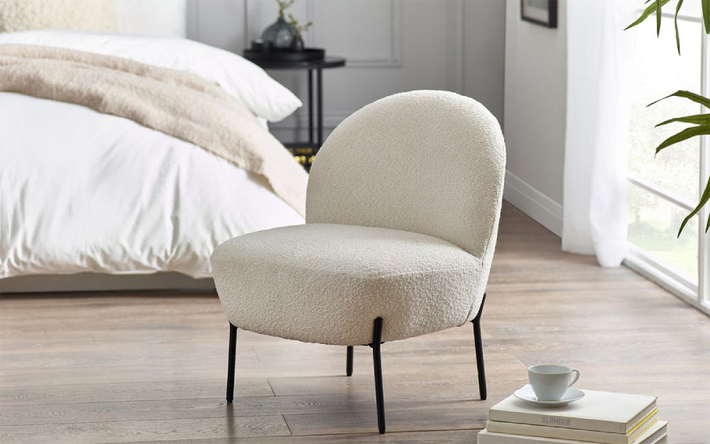Laken Accent Chair Boucle Ivory with Bedside Table in Bedroom Setting