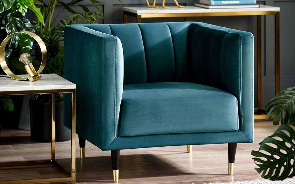 Lama Scalloped Back Armchair in Teal Finish with White Top Console Table with High Table in Office Setting