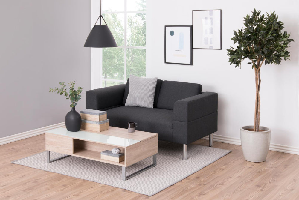 Lea Rectangular Sonoma Oak Coffee Table with Sofa and Indoor Plant in Living Room Setting