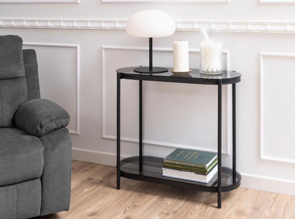 Lida Console Table Smoked Glass with Table Lamp and Books in Living Room Setting