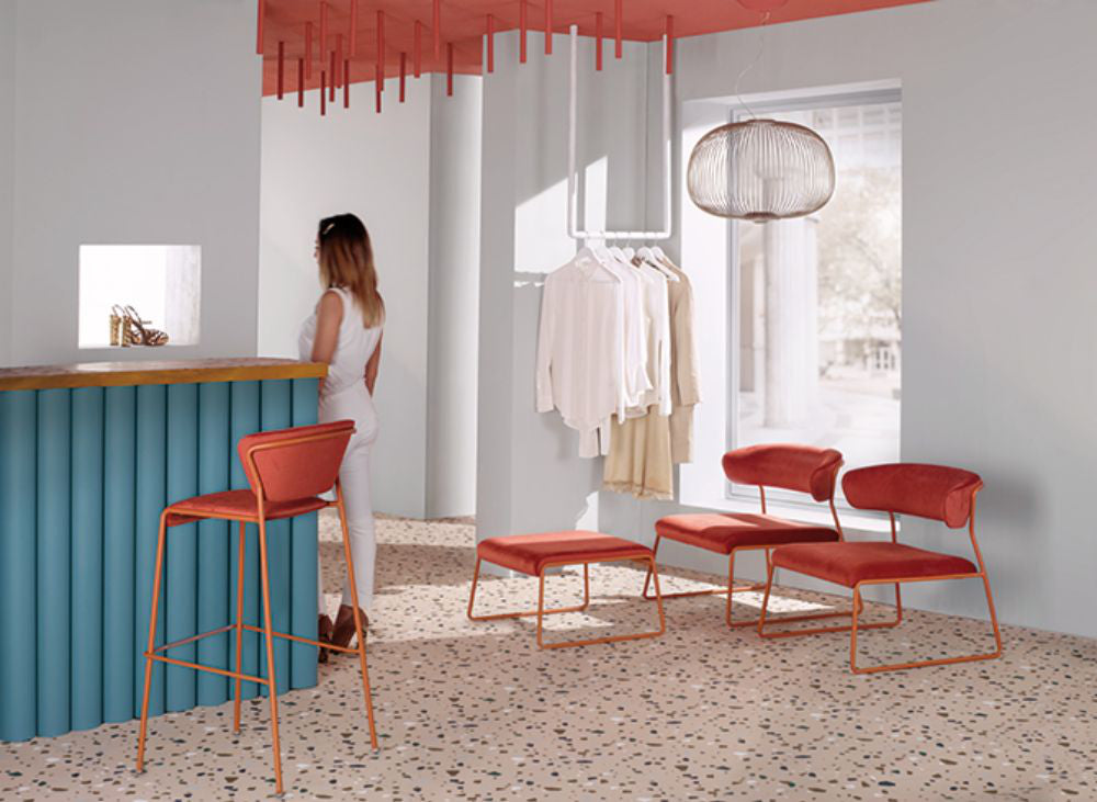 Lisa Lounge Armchair with Pouffe and High Stool in Reception Setting