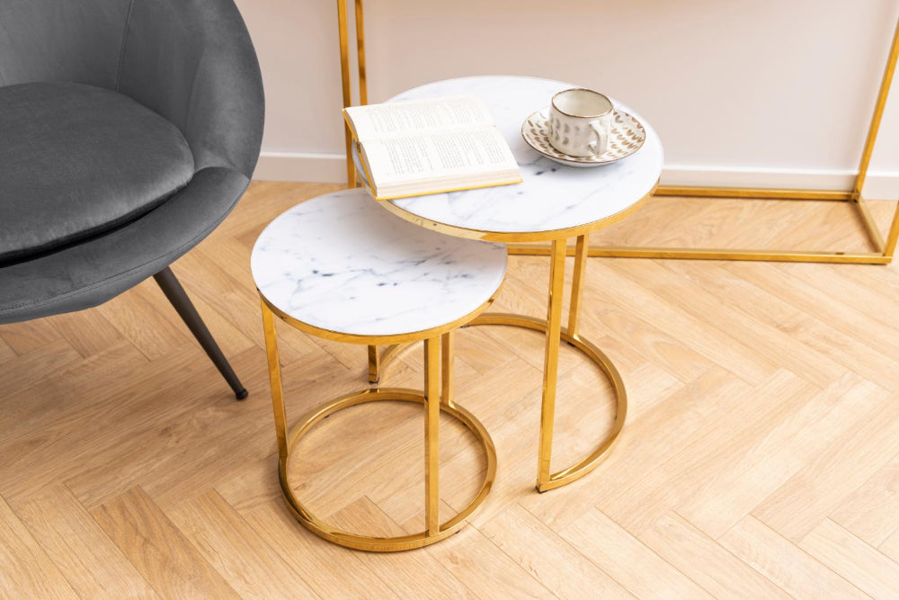 Lysa Round Nest of Tables in White Marble Finish with Lounge Chair and High Table in Living Room Setting 2