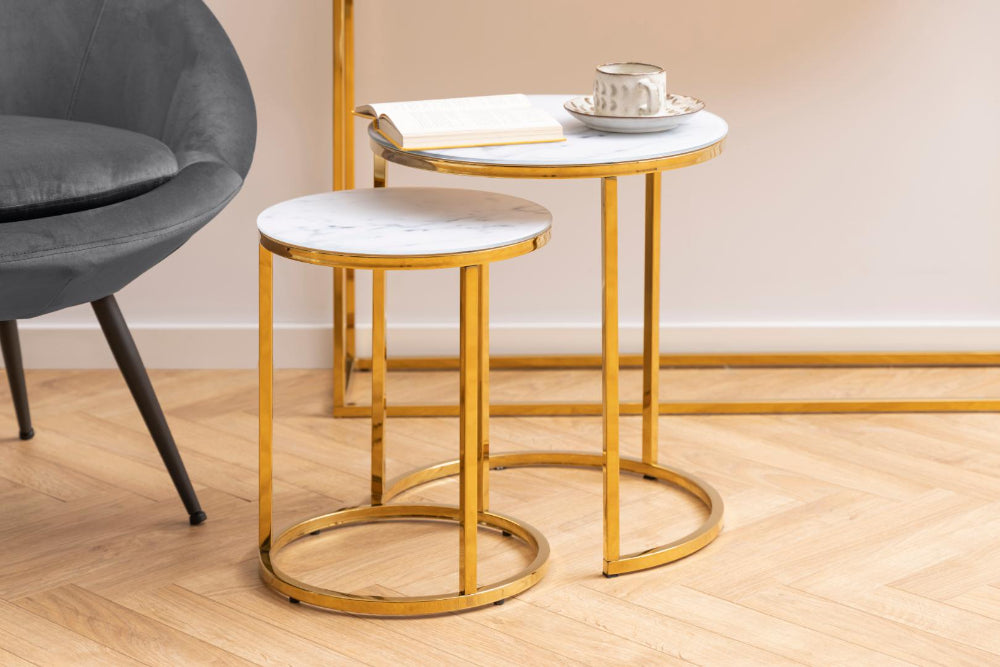 Lysa Round Nest of Tables in White Marble Finish with Lounge Chair and High Table in Living Room Setting 3