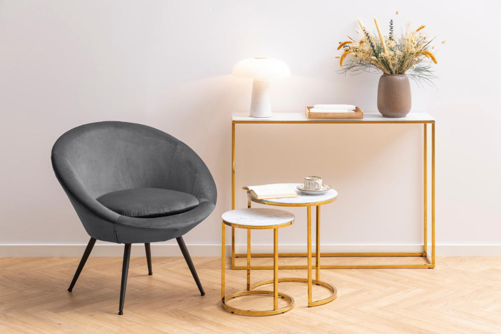 Lysa Round Nest of Tables in White Marble Finish with Lounge Chair and High Table in Living Room Setting