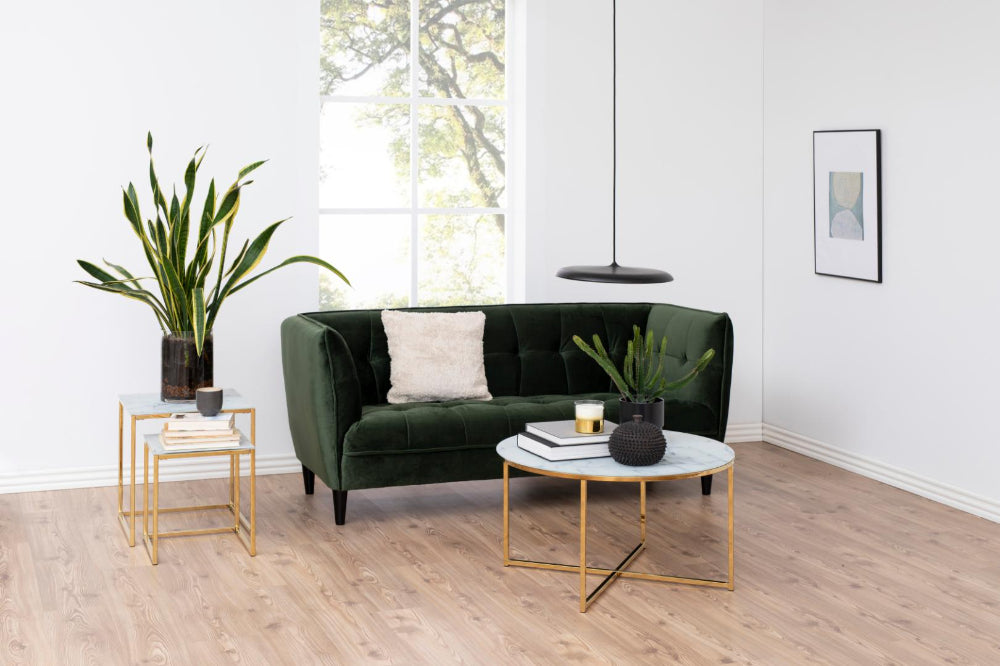 Lysa Set of 2 Nesting Tables with Round Coffee Table and Sofa in Living Room Setting