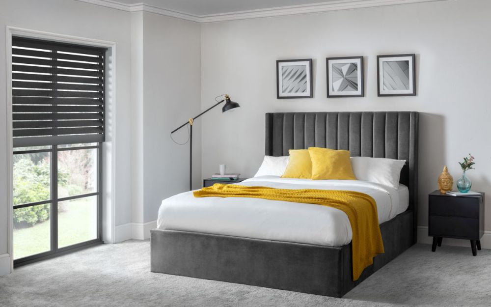 Mario Scalloped Headboard Storage Bed Grey with Standing Lamp and Vase in Bedroom Setting
