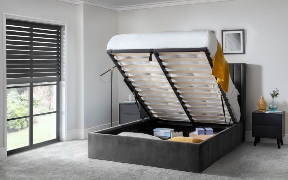 Mario Scalloped Headboard Storage Bed Grey with Throw and Vase in Bedroom Setting