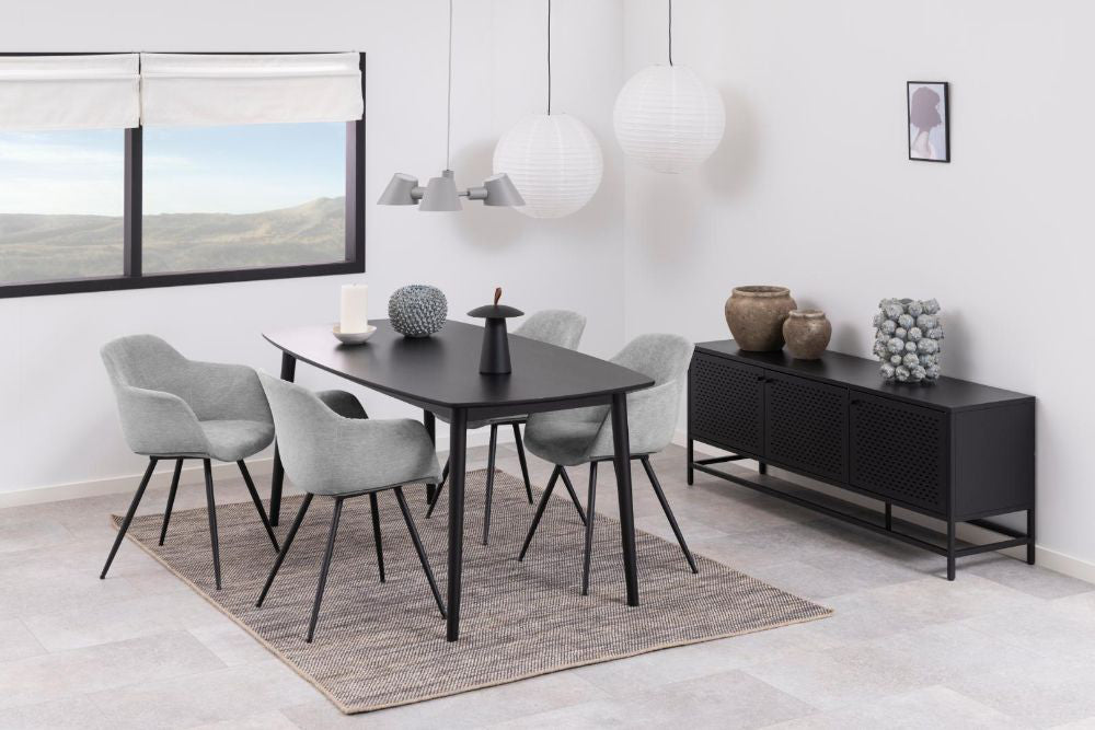 Marylebone 3 Door Sideboard in Black Finish with Dining Chairs and Table in Dining Setting