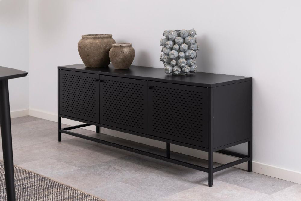 Marylebone 3 Door Sideboard in Black Finish with Vases on Top in Dining Setting