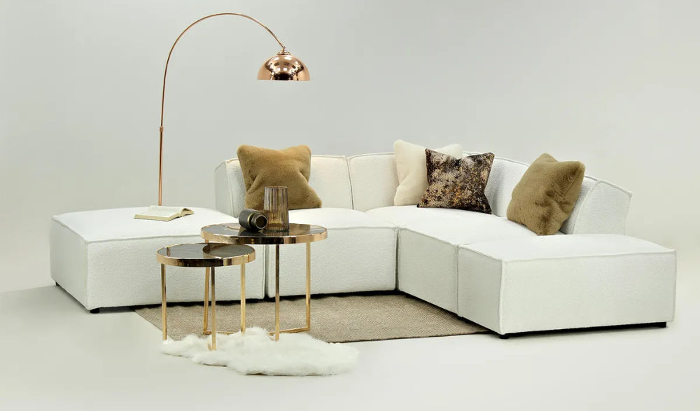 Max Corner Sofa in Cream Finish with Nesting Table and Floor Lamp in Studio Setting