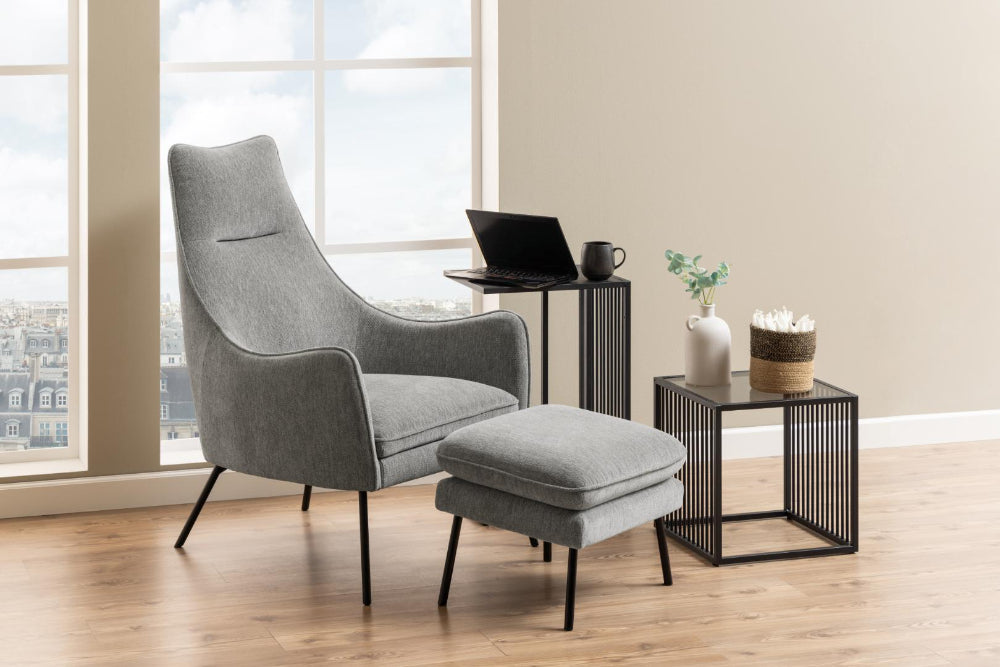 Melanie Glass Top Side Table with Lounge Chair and Coffee Table in Living Room Setting