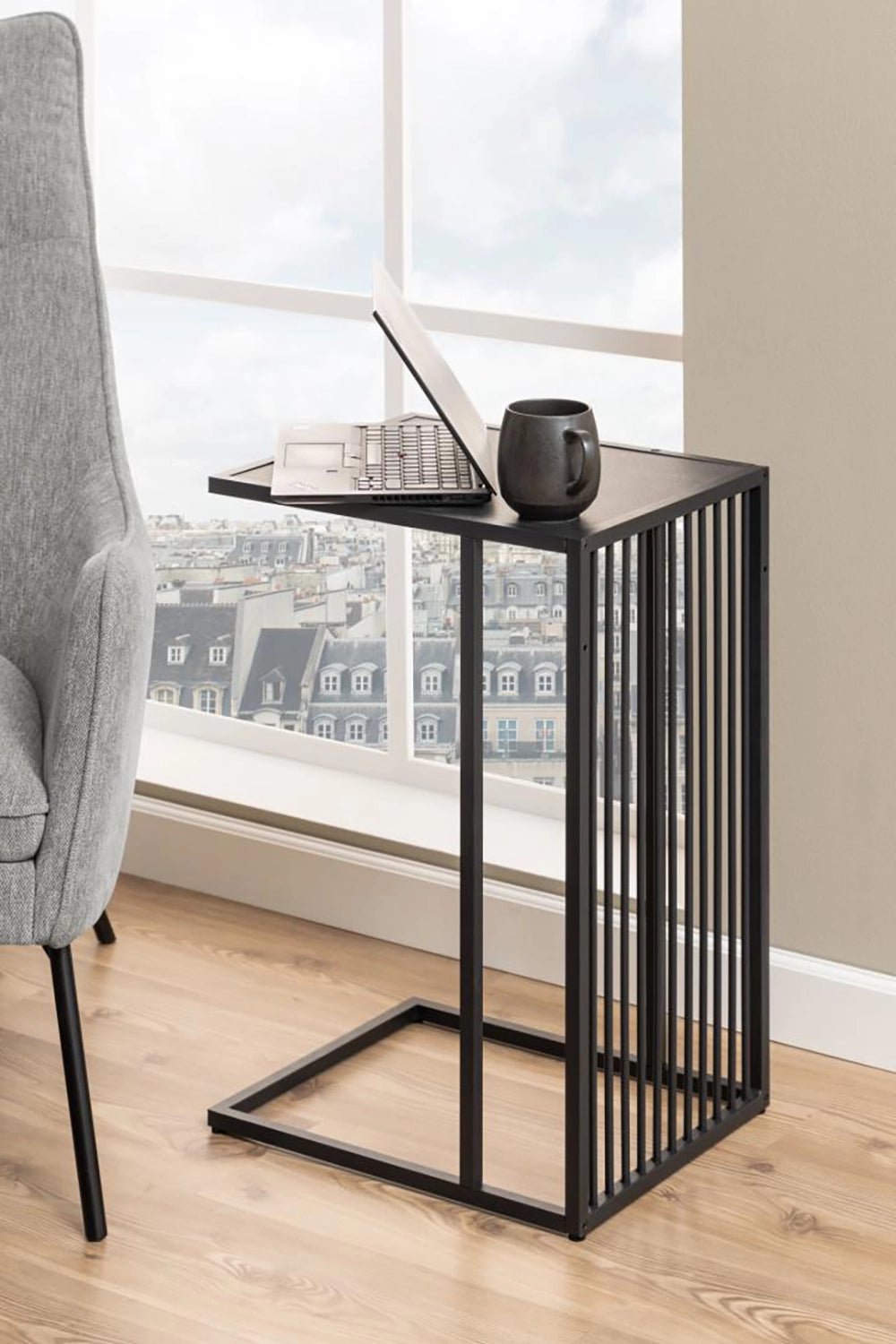 Melanie Side Table in Black Marble Finish with Upholstered High Backrest Lounge Chair in Breakout Setting