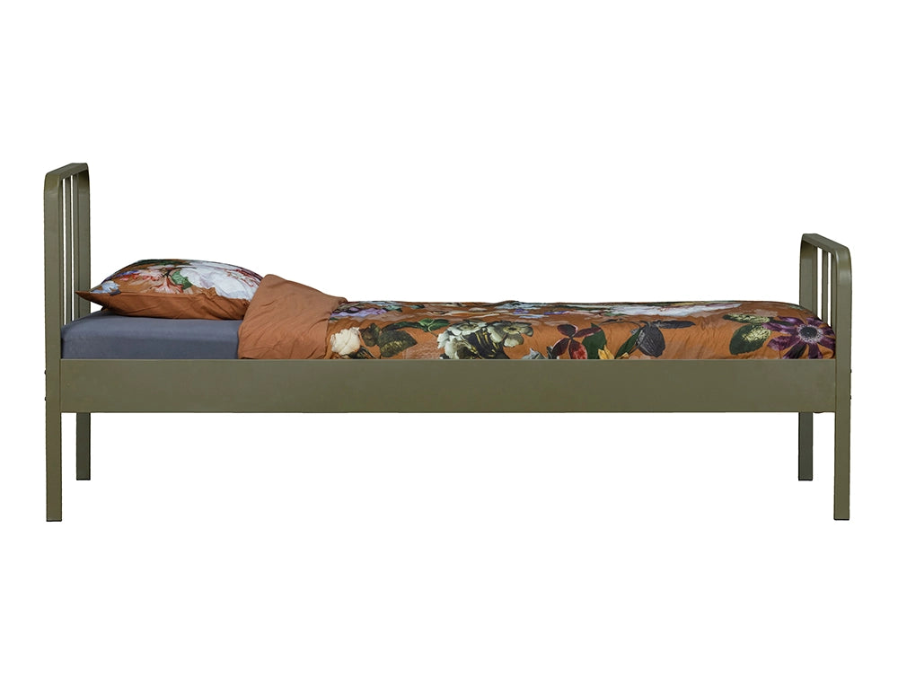 Mews Metal Bed Frame Army Green 4 with Grey Mattress Covered with Printed Blanket with Matching Pillow