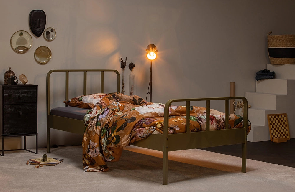 Mews Metal Bed Frame Army Green with Printed Bedsheet and Pillow with Bedside Cabinet in Bedroom Setting