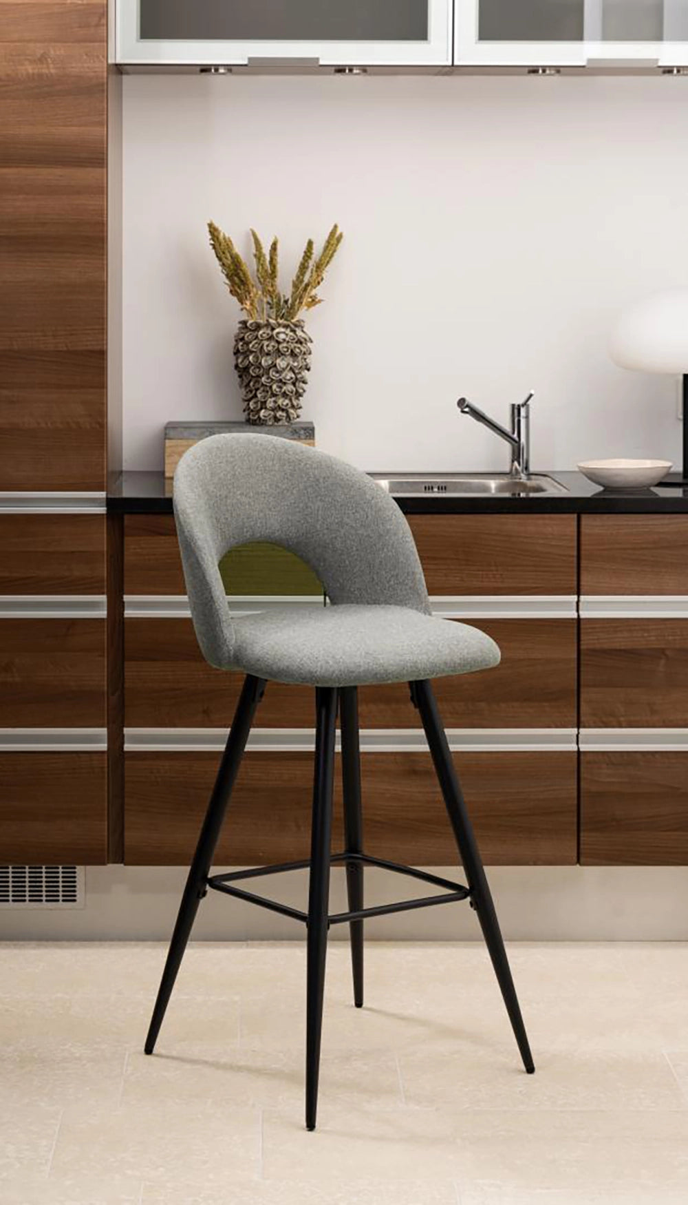 Mia Bar Stool in Grey Finish with Cabinet and Aesthetic Vase in Kitchen Setting