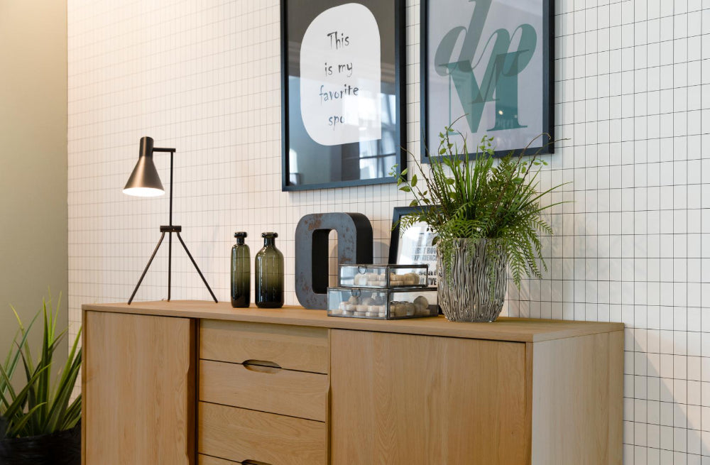 Milo Wooden Sideboard with Indoor Plant and Table Lamp in Breakout Setting