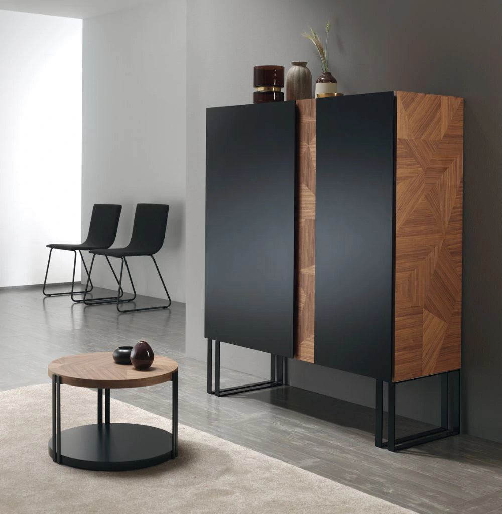 Mobenia Carey Side Table with large Cabinet and Black Chair in Lounge Area