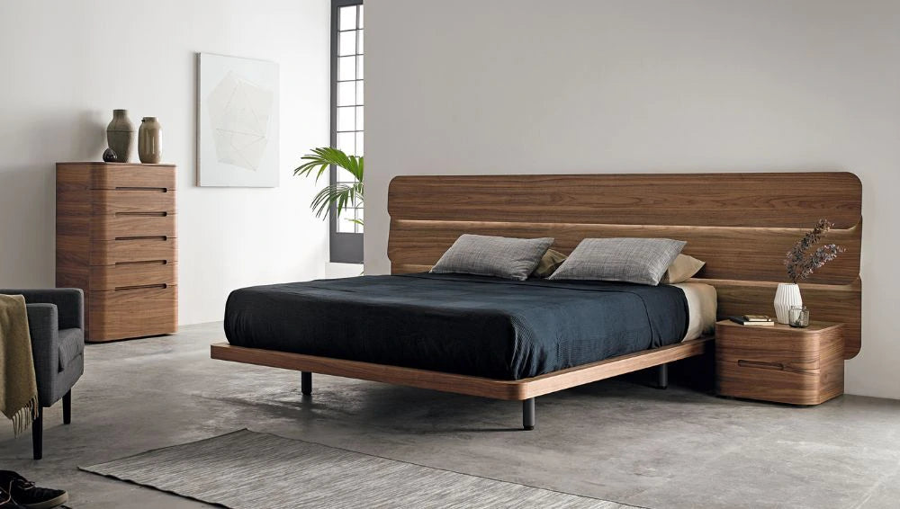 Mobenia Dodo Headboard in American Walnut Finish with Matching Sidetable and Side Cabinet in Bedroom